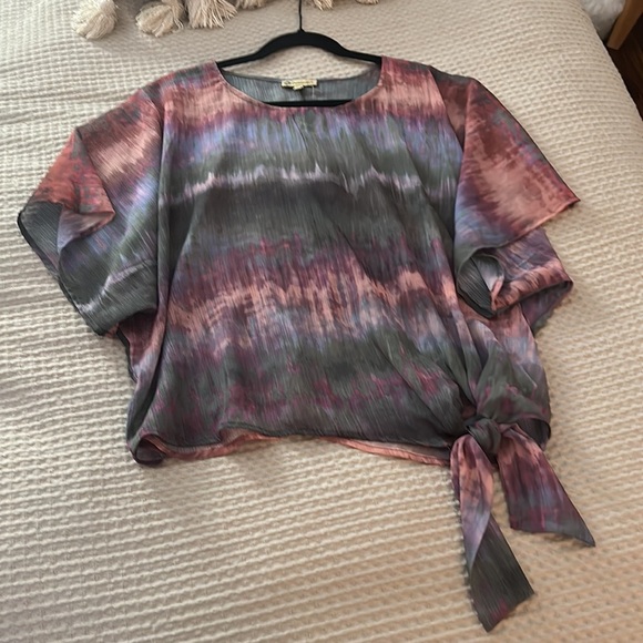 Democracy sheet dip dye Lagenlook tie detail blouse PL short sleeve boxy - Picture 5 of 6